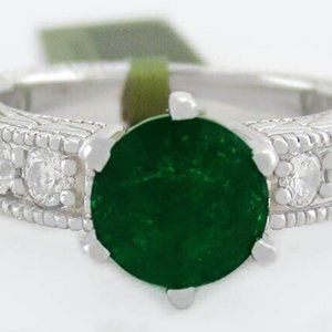 Genuine 1.60 Cts Emerald & Diamonds Ring 14K White Gold